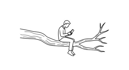 Fototapeta premium Man Sitting on Tree Branch Using Mobile Phone, Digital Detox Concept