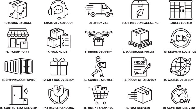 Line icon set of logistics shipping concepts containing delivery van parcel tracking drone courier warehouse pallet locker and customer support elements