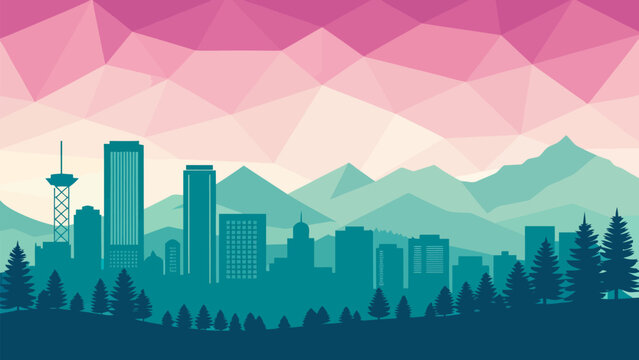 Denver urban landscape with abstract facet and mountain range at sunset
