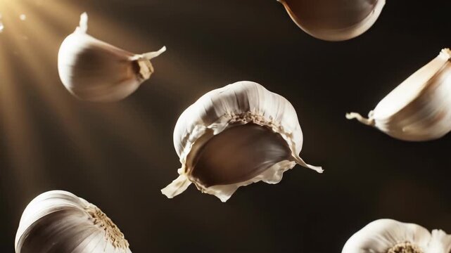 Garlic bulbs suspended in warm light