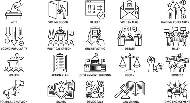 Line icon set of politics election concepts containing voting booth ballot box debate political speech rally government building equity and rights
