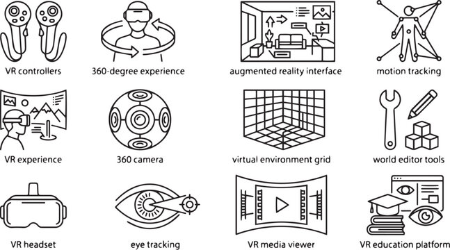 Line icon set of virtual reality concepts containing VR controllers headset eye tracking motion capture augmented interface camera and online education