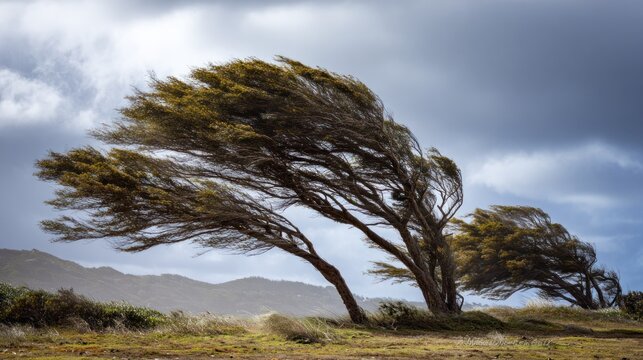 Trees bent by wind on a cloudy day