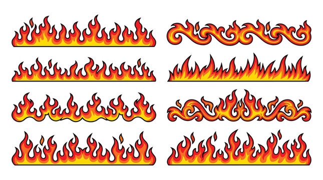 Vibrant collection of various stylized fire flame border patterns created with bright orange red and yellow colors for decorative design elements isolated as a graphic set on white background