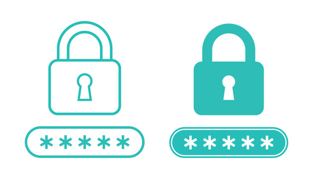 Two teal padlocks with password input fields for digital security and user login protection concept on a flat design