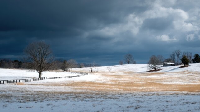 Snowy landscape with a fence and a moody sky