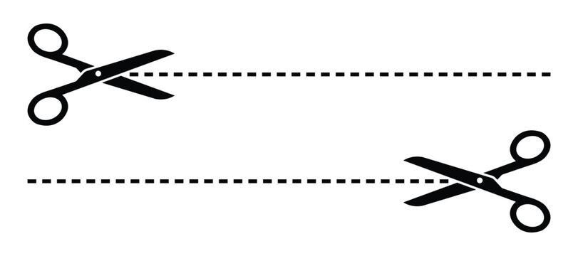 Black scissors icons with dashed cut lines for coupons and paper crafts projects isolated on a simple flat graphic style