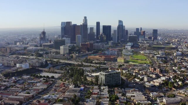 DTLA from Echo Lake near Dodger Stadium Drone Aerial View Los Angeles California