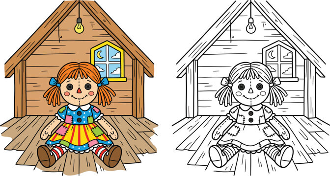 Cute Rag Doll in Wooden Attic Illustration Colored and Black and White Line Art for Kids Coloring Book Page