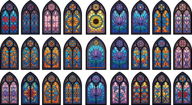 Colorful Gothic Stained Glass Window Collection with Floral Cathedral Designs, Medieval Church Art, and Decorative Vintage Vector Illustration Set