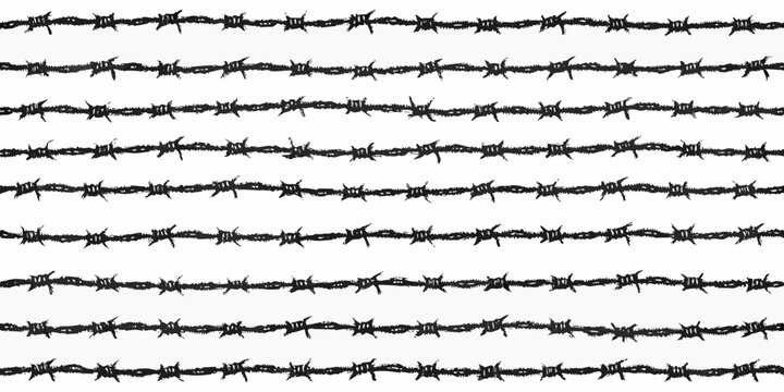 repeating seamless pattern of black barbed wire on white background