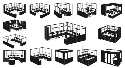 Naklejka premium Airport Office Workspace Silhouette Isometric Vector Collection for Terminal Operations and Corporate Interior Design