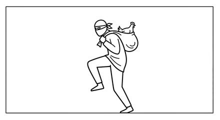 Fototapeta premium Thief with sack of stolen goods, including a chicken, running away