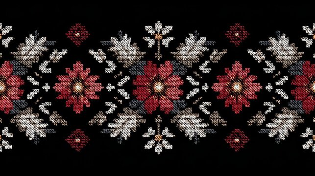 70.Traditional native embroidery inspired vector illustration, textured stitch patterns, handcrafted feel, decorative and cultural textile motif