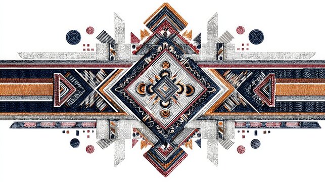 68.Decorative native embroidery inspired illustration, thread like linework, geometric and organic motifs, vector style with textile texture effect
