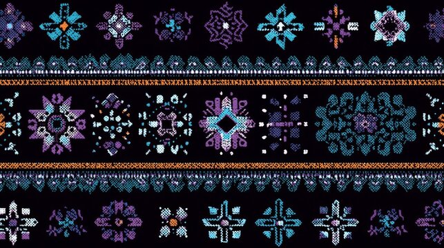 68.Decorative native embroidery inspired illustration, thread like linework, geometric and organic motifs, vector style with textile texture effect