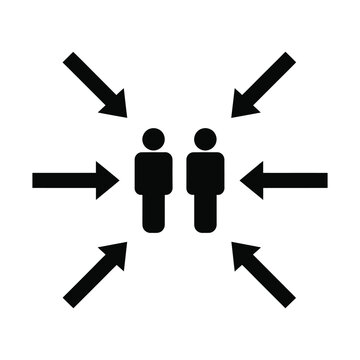 Minimalist assembly point icon, black silhouette of people with inward arrows, emergency evacuation vector sign
