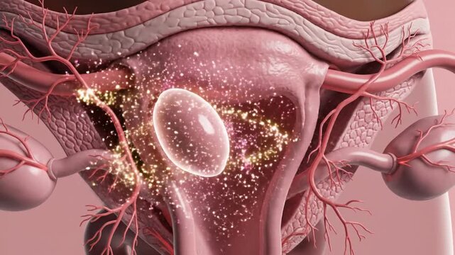 Detailed 3D scientific visualization of the female uterus during follicular development phase highly accurate anatomical cross section with soft pink regenerating endometrium visible uterine cavity ce