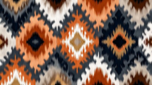 50.Traditional ikat style seamless pattern with bold geometric shapes, ethnic oriental influence, soft blurred edges mimicking dye technique, balanced repeating layout