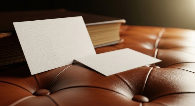 Blank white paper cards on a vintage brown leather sofa next to an old book