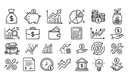 Fototapeta premium Hand drawn financial doodle icon vector set isolated on white background