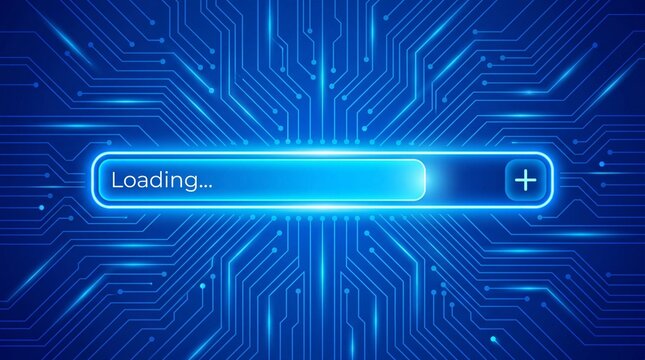 Glowing blue loading bar on a circuit board background with neon lines and a plus sign