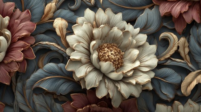 34.Detailed 3D flower pattern with dimensional petals and leaves, balanced composition, refined ornamental surface design
