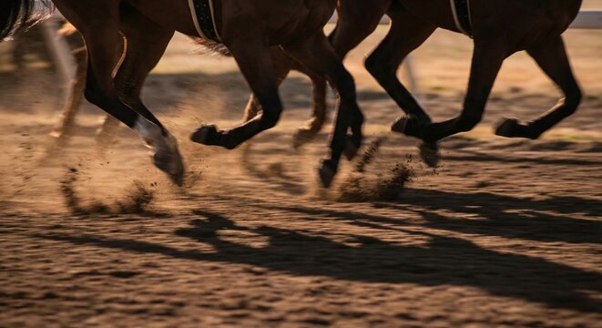 Horses running during horse racing event on dirt track
