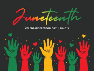 Juneteenth Celebration of Freedom Day Graphic Design with Raised Hands and Hearts © Volks Graphic