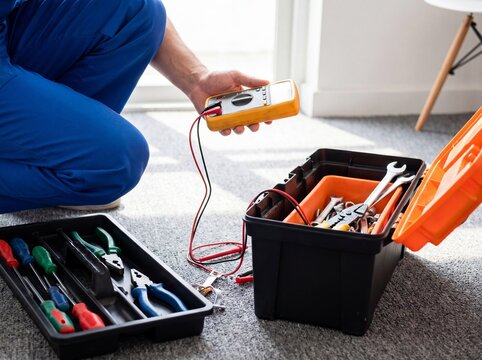 Man in blue overalls using a multimeter with tool box and various tools on the floor