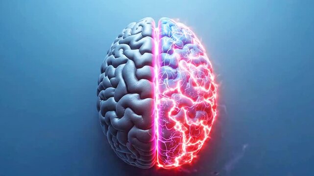 A video showcasing a human brain with a glowing red and blue side