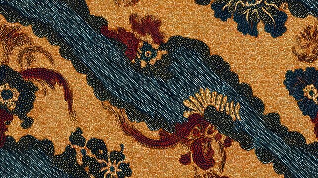 61.Decorative batik fabric design with repeating traditional motifs, wax resist texture effect, rhythmic patterns, versatile textile and wallpaper application