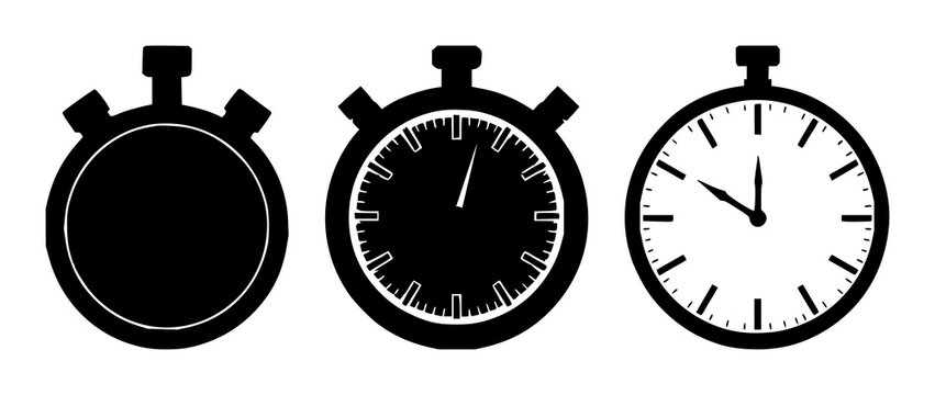 Stop watch set with black silhouette on white background featuring timekeeping, digital display, precise measurement with stopwatch and timer