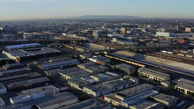 Industrial Zone along Concrete River Bed DTLA Drone  Los Angeles California