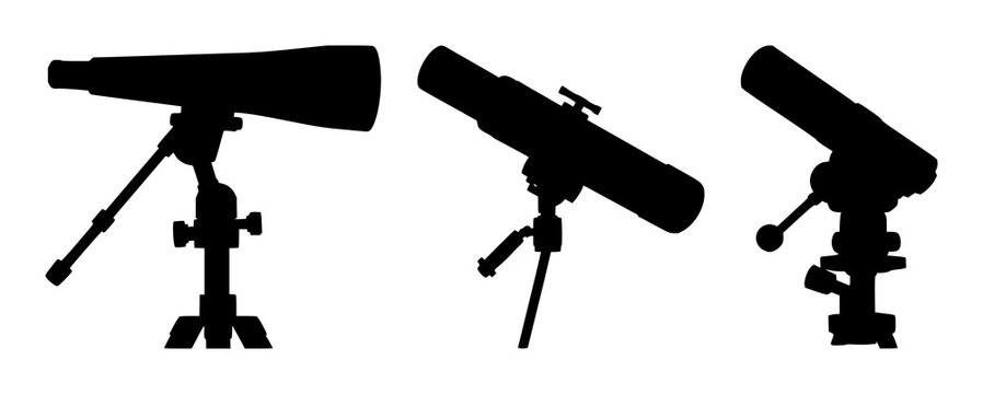 Telescope silhouette set with black silhouette on white background featuring astronomy, observatory, night sky with illustration and vector