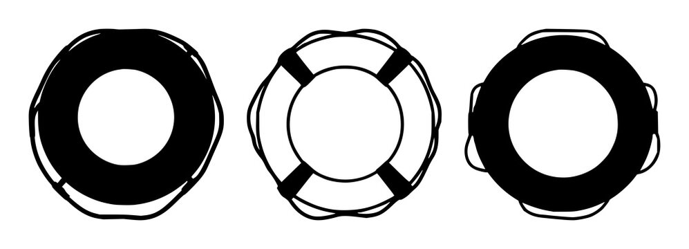 Lifebuoy set with classic black silhouette on white background featuring nautical safety, emergency rescue, maritime gear with rescue equipment and warning signage