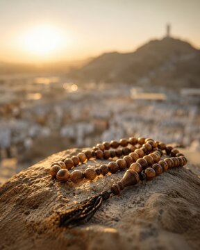 Wooden Prayer Beads at Mount Arafat during Hajj Pilgrimage Sunset