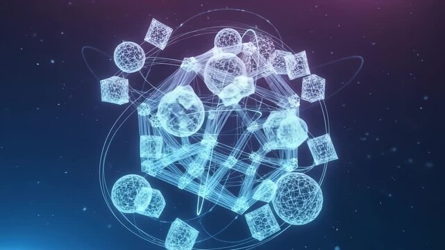 Abstract futuristic network rotating in digital space with 3d geometric shapes 4K Ai HD high quality video.