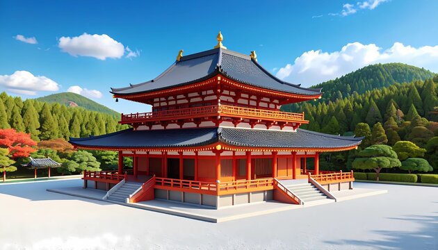 Traditional Japanese pagoda temple with red wooden structure under clear blue sky in Nara