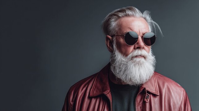 Stylish older man with a long white beard wearing sunglasses and a leather jacket