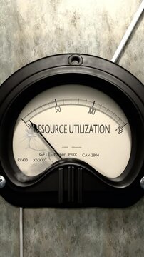 Resource utilization meter showing low levels of resource utilization. Minimum and decreasing resource utilization value, below the norm. Lack of resource utilization. None of it, insufficient.