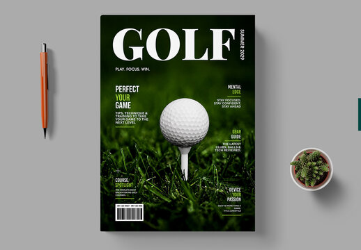 Modern Golf Magazine Cover Design with Golf Ball On Green Grass