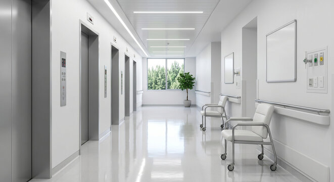 Bright hospital corridor with elevators and waiting area. Clean, modern interior. Healthcare concept.