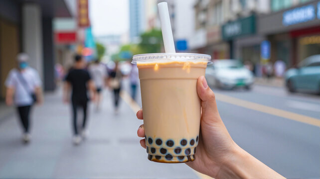 Boba tea in hand on city street. Refreshing drink with tapioca pearls. Popular summer beverage.