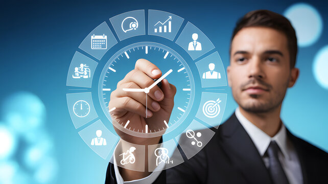 Man in suit touching digital clock interface with business icons during planning