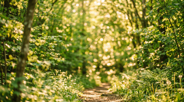 Beautiful forest path with sunbeams shining through the lush green trees