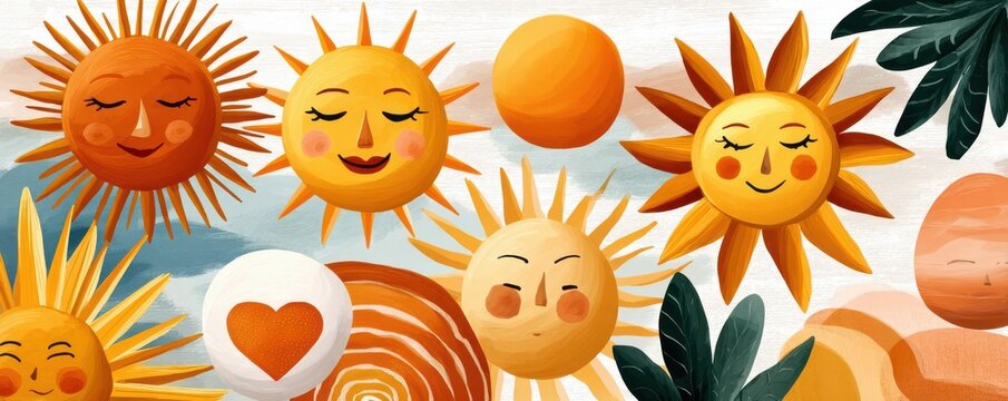 Hand-drawn cheerful sun faces and yellow sun pattern on a white background