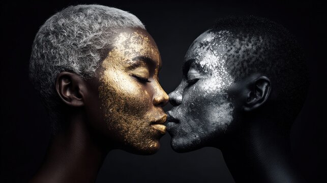 Two women with gold and silver face paint touch lips in a tender moment
