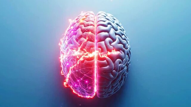A video showcasing a human brain with a glowing red and blue side