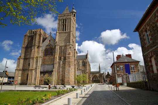 Cathedral square in Dol de Bretagne, Brittany, France, with the impressive facade of Saint Samson Cathedral